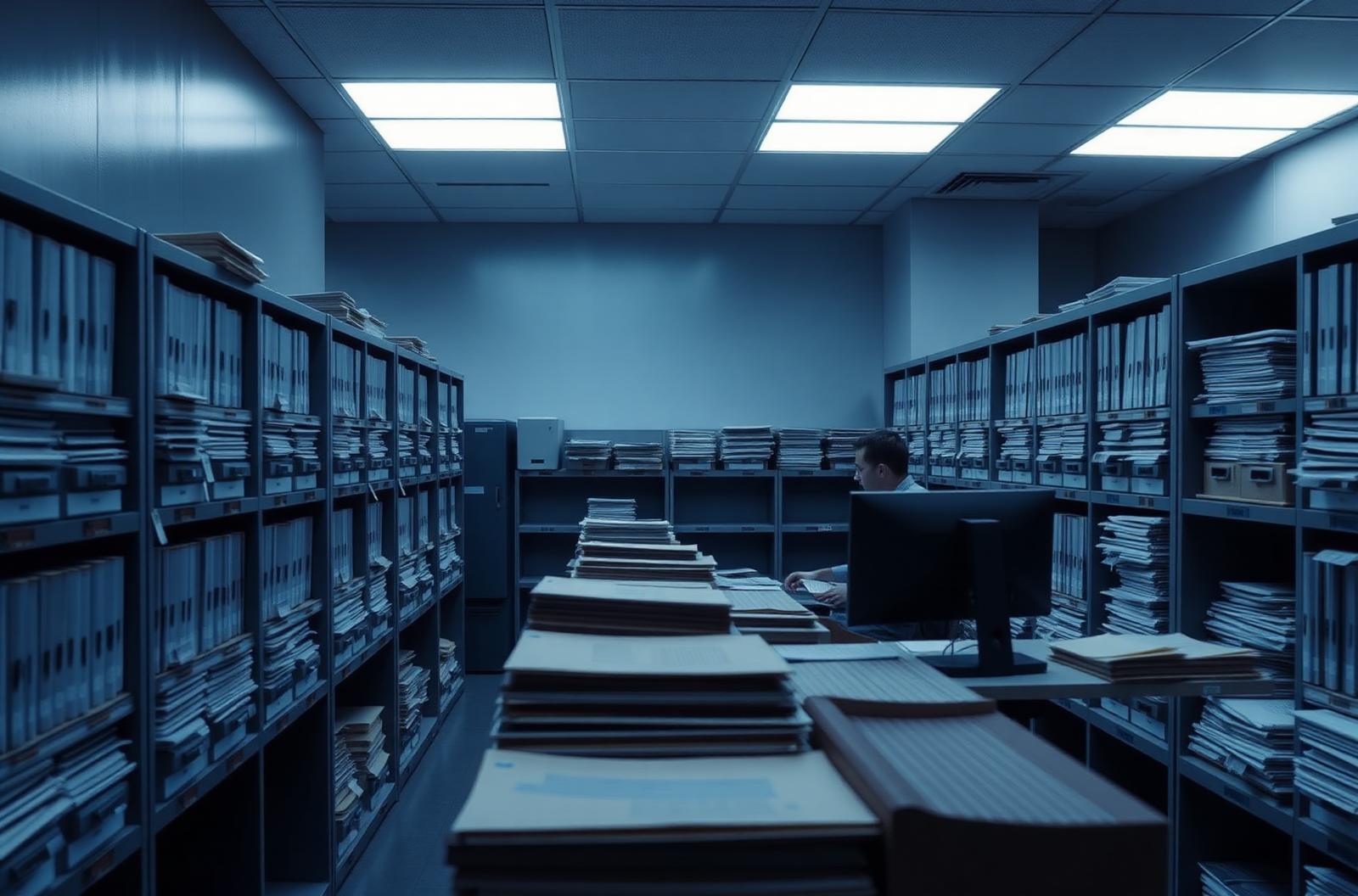 A clerk working at a digital workstation in a government records office.