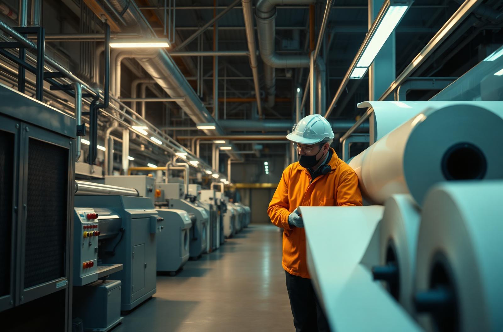 A worker in PPE inspecting a roll of printed film on a packaging line.