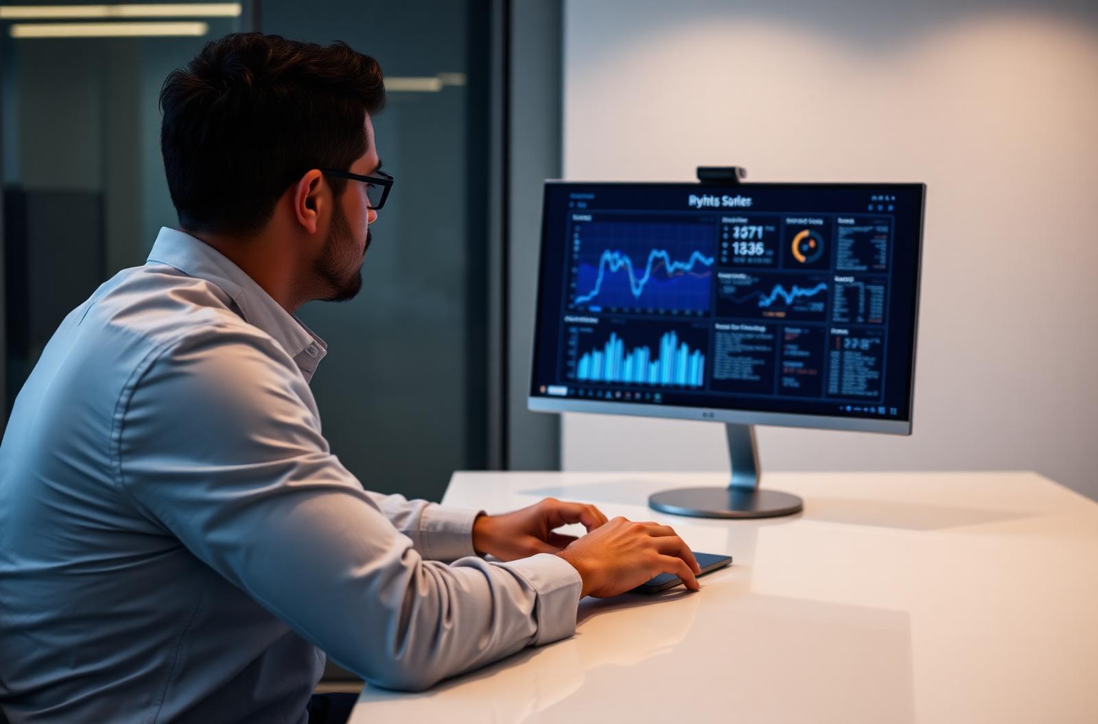 An analyst reviewing a data dashboard on a large monitor.
