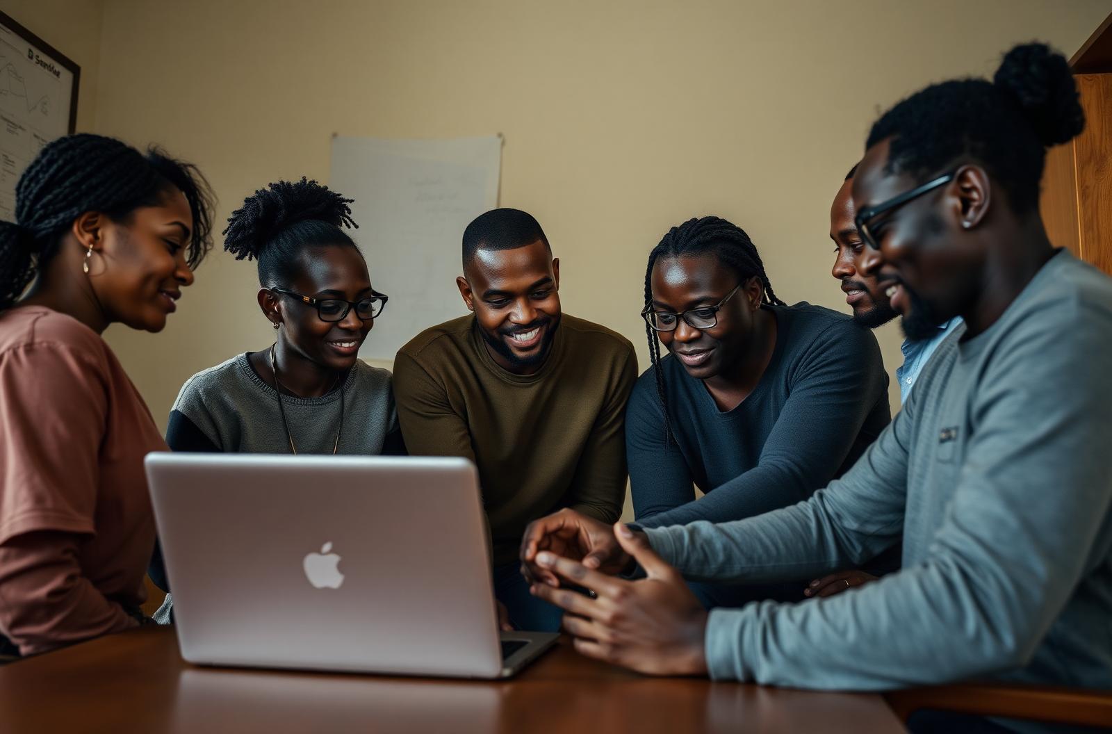 A small non-profit team reviewing data together on a laptop.