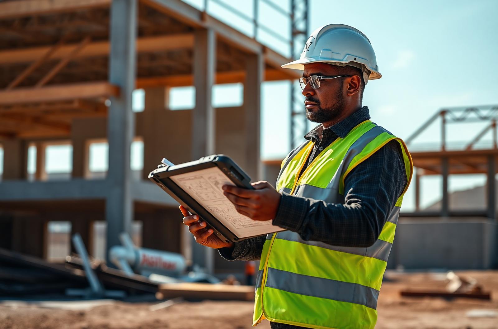 A site supervisor reviewing plans on a tablet at a construction site.