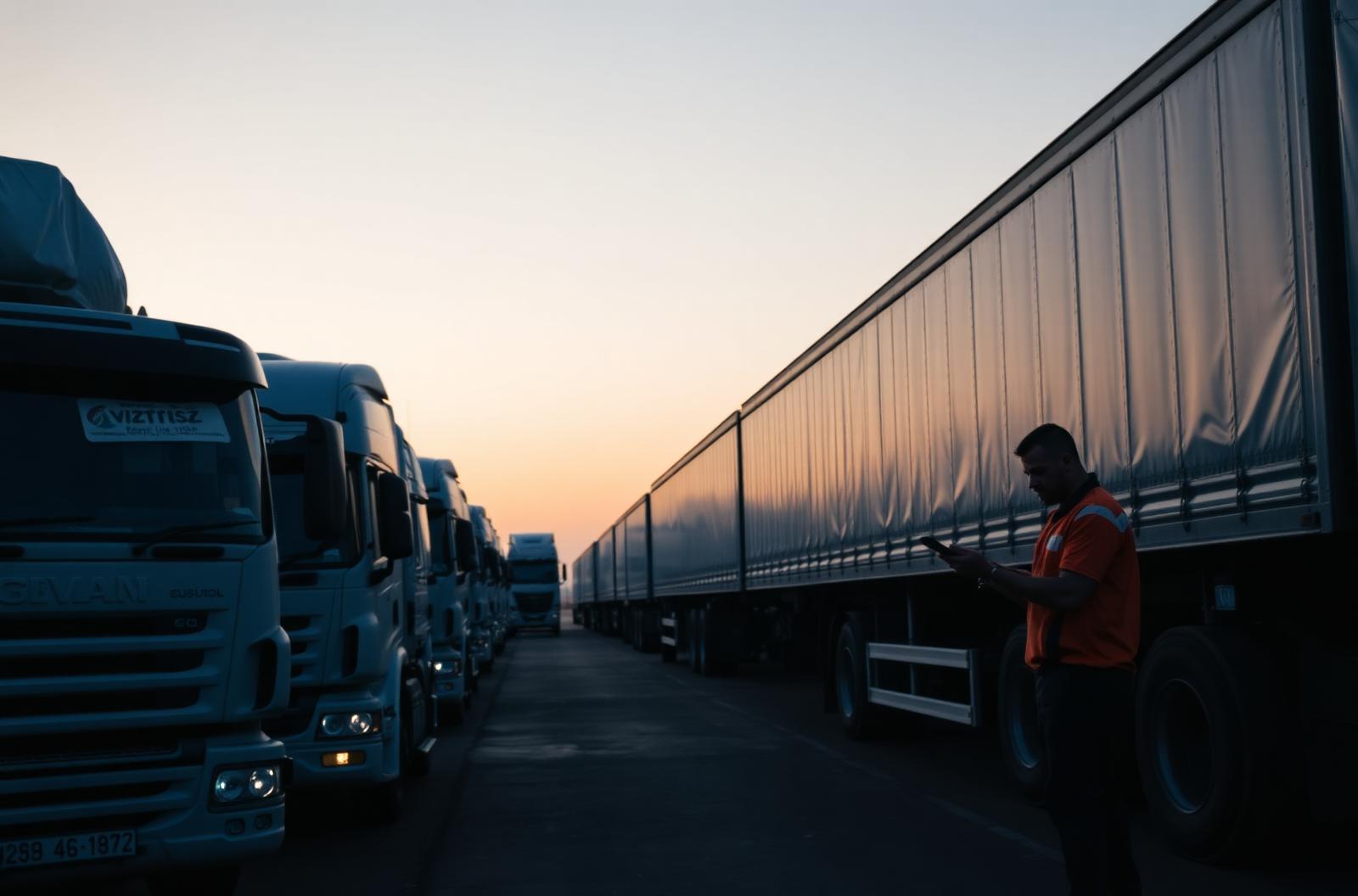 A logistics worker checking a device beside delivery trucks at dawn.