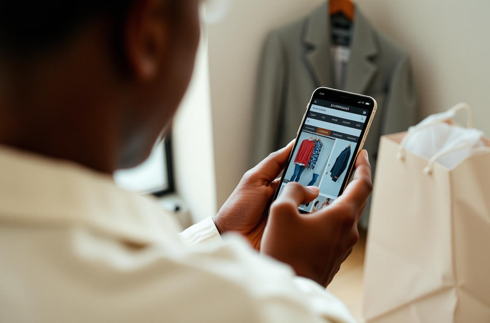 A shopper browsing an online clothing store on a phone.