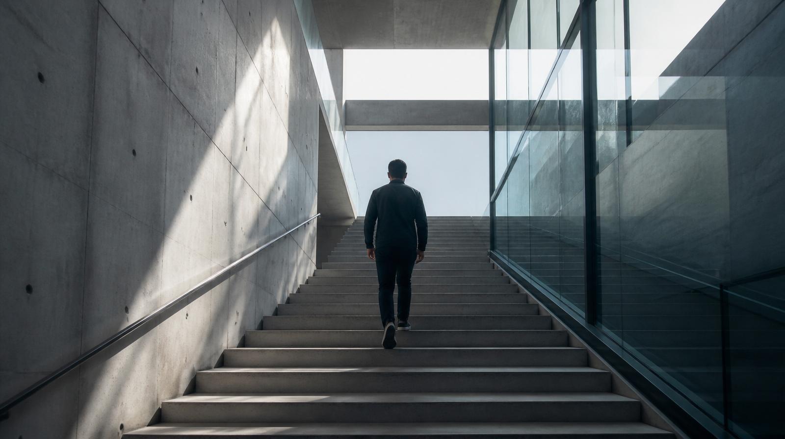 A person climbing a clean modern staircase toward light.