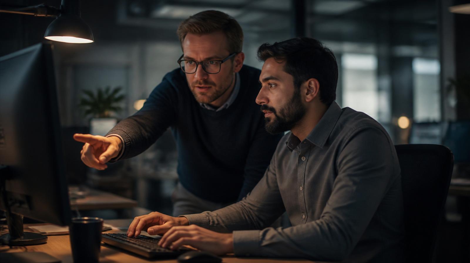A consultant handing over a system to a client employee at a workstation.