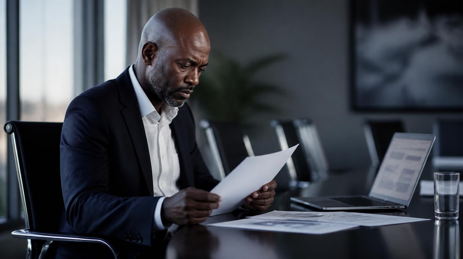 A professional reviewing compliance documents at a boardroom table.