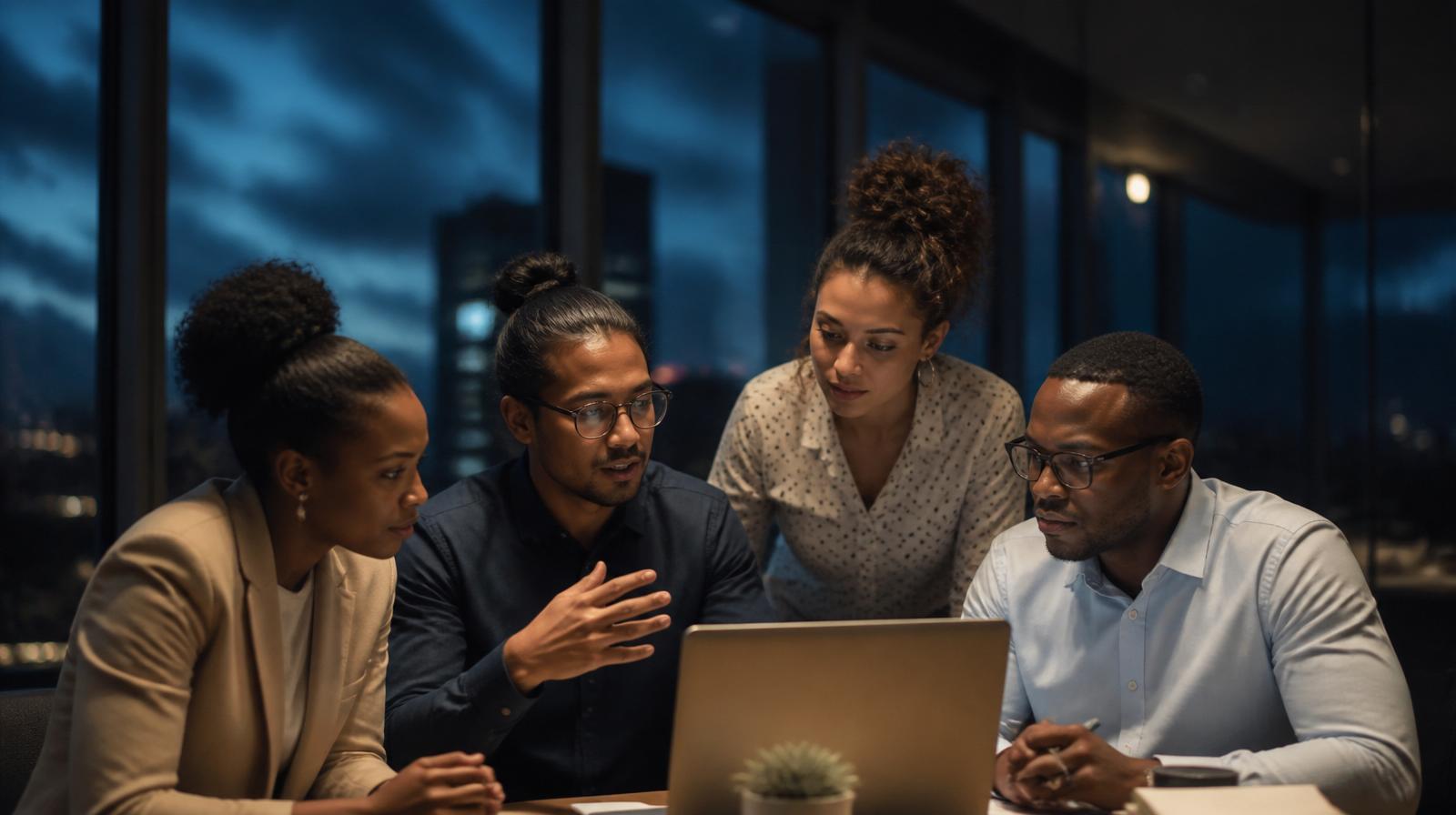 A small team working together around a laptop in a Johannesburg office at dusk.